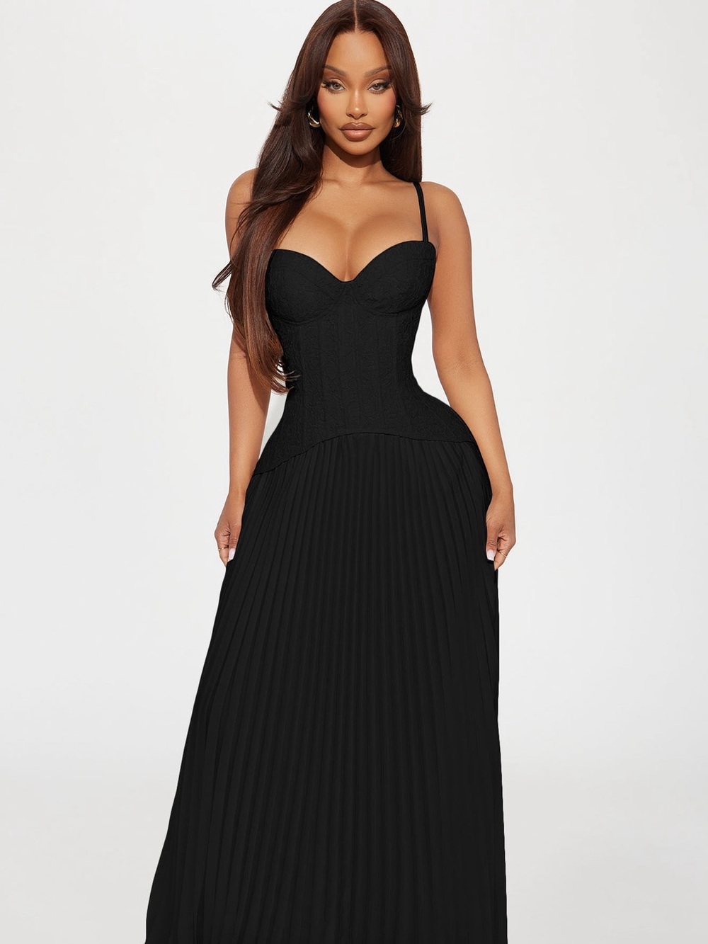 Fashion Nova Black Corset Maxi Dress with Pleated Skirt